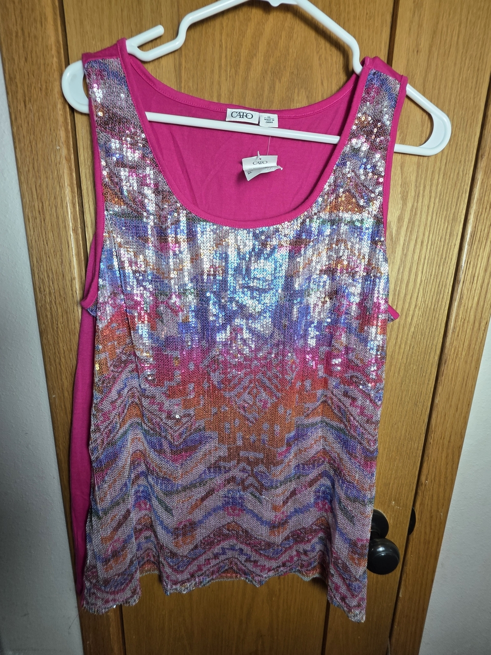 Cato Hot Pink Sequin Patterned Sleeveless Tank Retro Rainbow Festival XL Nwt Y2k